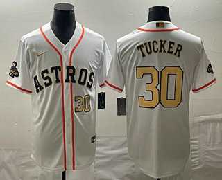 Men%27s Houston Astros #30 Kyle Tucker Number 2023 White Gold World Serise Champions Patch Cool Base Jerseys